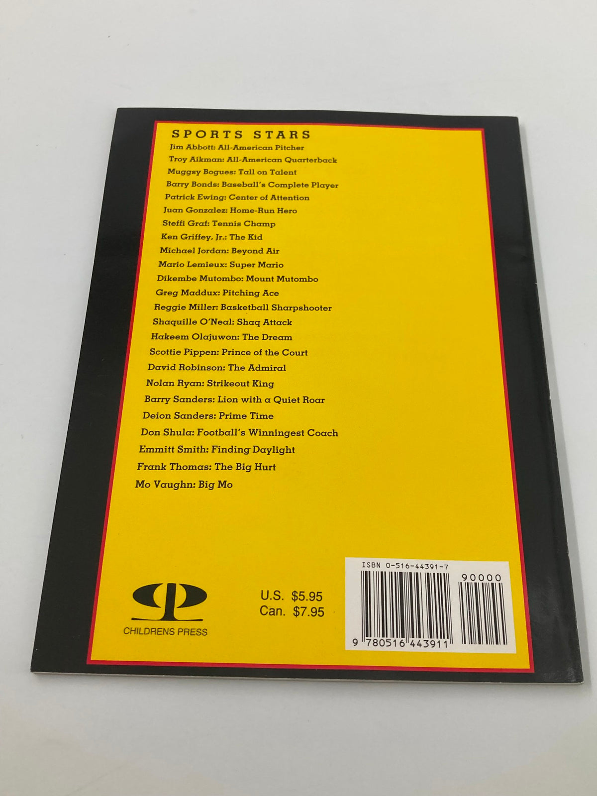 Back cover of the 1995 Sports Stars Michael Jordan Beyond Air Book by Philip Brooks, listing various sports stars included in the book. Indicates the book's publisher, price, and ISBN.