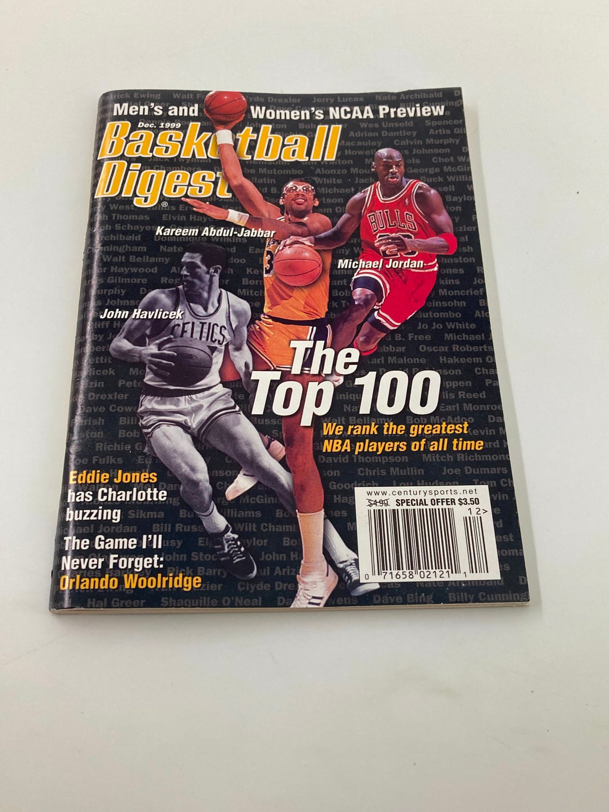 Basketball Digest Magazine December 1999 showcasing iconic basketball players Michael Jordan and Kareem Abdul-Jabbar, with a focus on the top 100 NBA players ranked by the magazine.