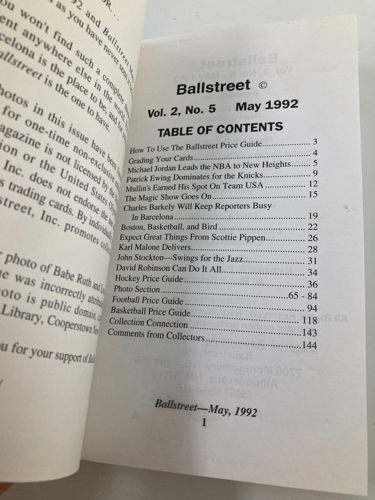 Table of contents for Ballstreet Magazine Vol 2 No 5 May 1992 featuring articles on Michael Jordan and the Dream Team, showing pages detailing other contents like grading cards and basketball price guide.