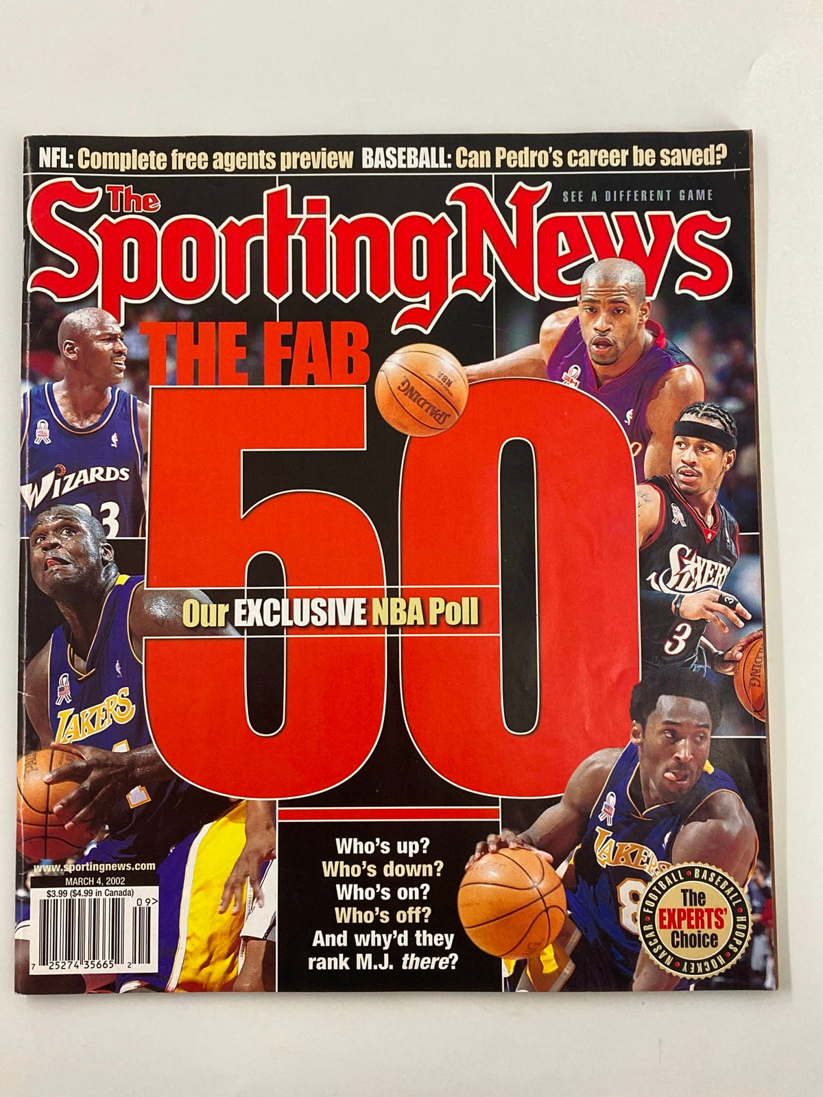 The Sporting News Magazine March 4 2002 cover featuring NBA stars Michael Jordan and Kobe Bryant with bold typography reading 'THE FAB 50' highlighting the magazine's exclusive NBA poll.