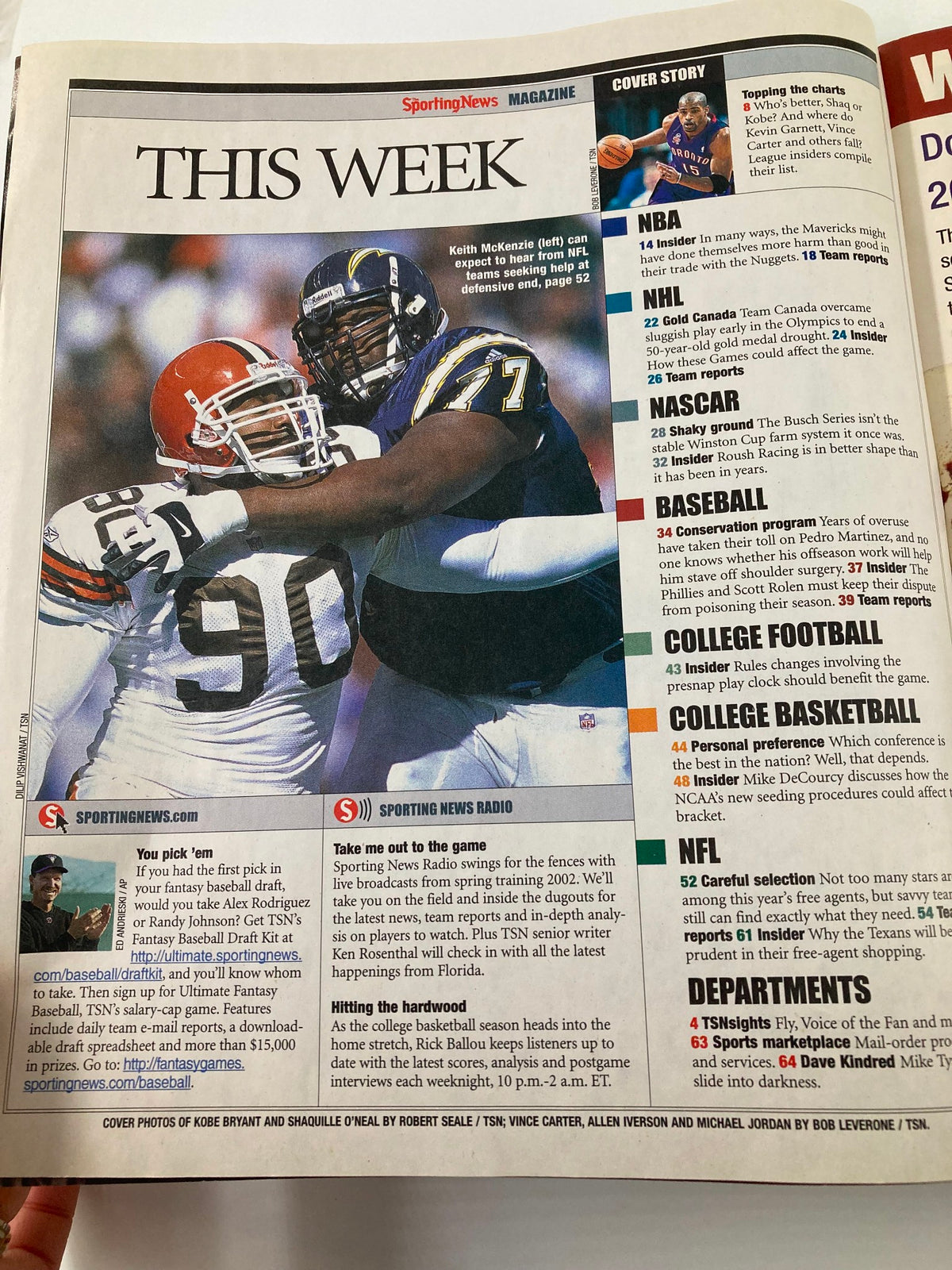 Interior page of The Sporting News Magazine March 4 2002 showcasing NFL and sports coverage, including an article on Keith McKenzie with a compelling sports action image.