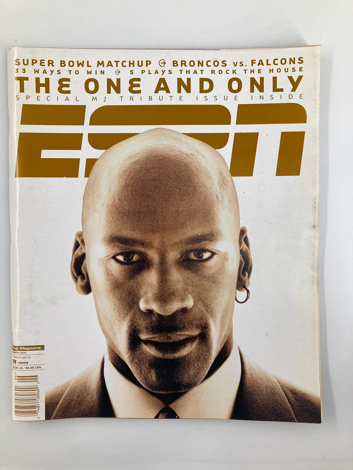 Cover of ESPN The Magazine, February 8, 1999, featuring Michael Jordan, titled 'The One and Only.' The cover showcases Michael Jordan in a suit, highlighting his influence in sports.