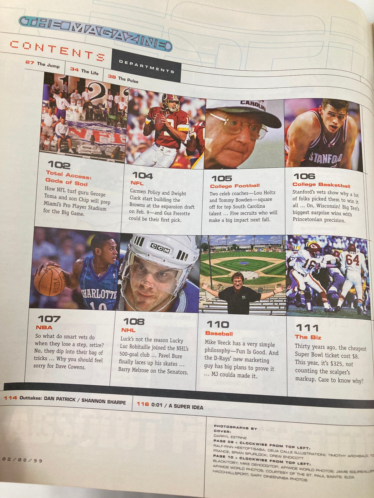 Contents page of ESPN The Magazine, February 8, 1999 issue highlighting various sports topics, including NBA coverage related to Michael Jordan, under the title 'The One and Only Michael Jordan'.