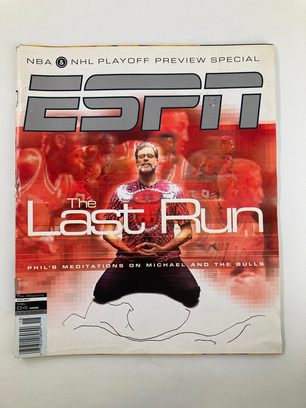 Cover of ESPN The Magazine May 4 1998 featuring Phil Jackson in a meditative pose with a background of basketball stars, depicting themes of leadership and the Chicago Bulls' legacy, titled 'The Last Run'.