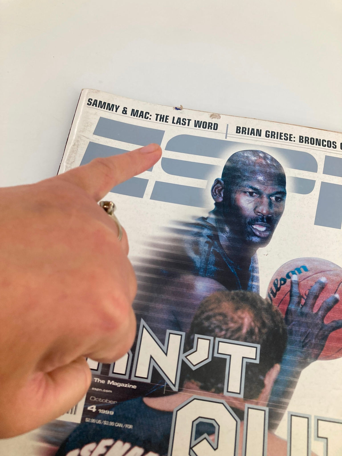 Close-up of the cover of ESPN The Magazine from October 4, 1999, highlighting Michael Jordan and the subtitle 'SAMMY & MAC: THE LAST WORD | BRIAN GRIESE: BRONCOS ON HIS BACK'.