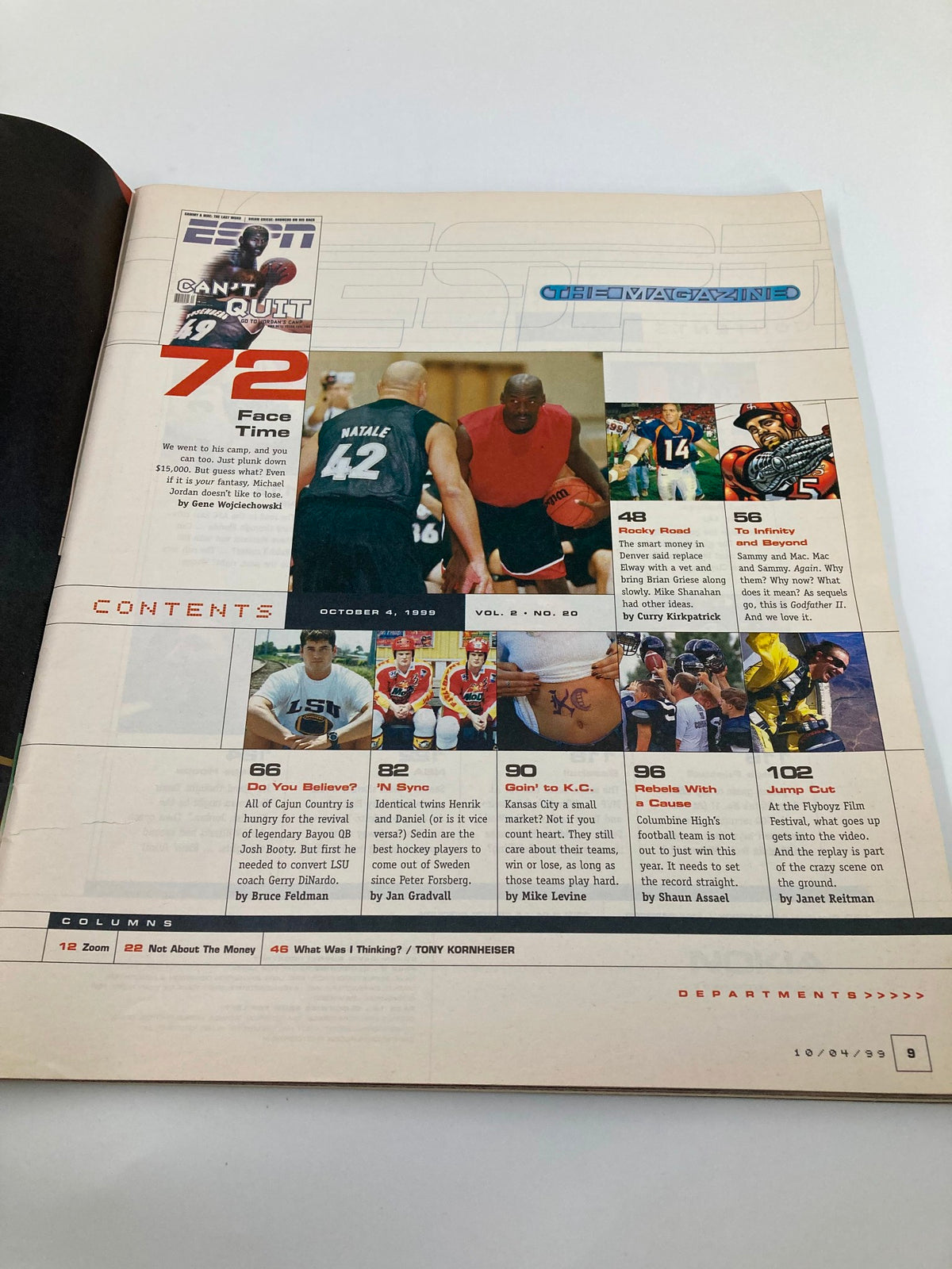 Inside page of ESPN The Magazine, October 4, 1999, featuring Michael Jordan in a basketball camp, with article highlights and magazine content overview.