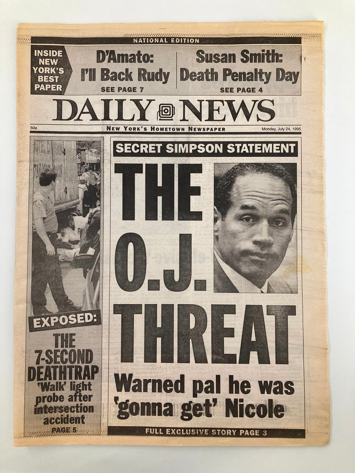 Daily News Newspaper July 24 1995 featuring the headline 'THE O.J. THREAT,' showcasing a significant moment in sports history with a focus on O.J. Simpson. This vintage publication is a collectible item for sports enthusiasts.