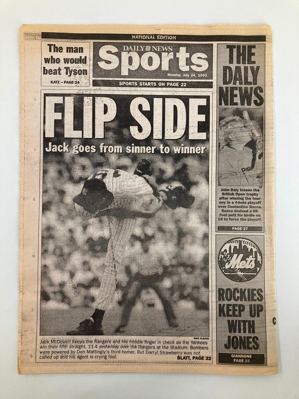 Daily News Newspaper from July 24, 1995 featuring Jack McDowell's story titled 'FLIP SIDE: Jack goes from sinner to winner' with images and headlines showcasing sports events and iconic athletes of the era.