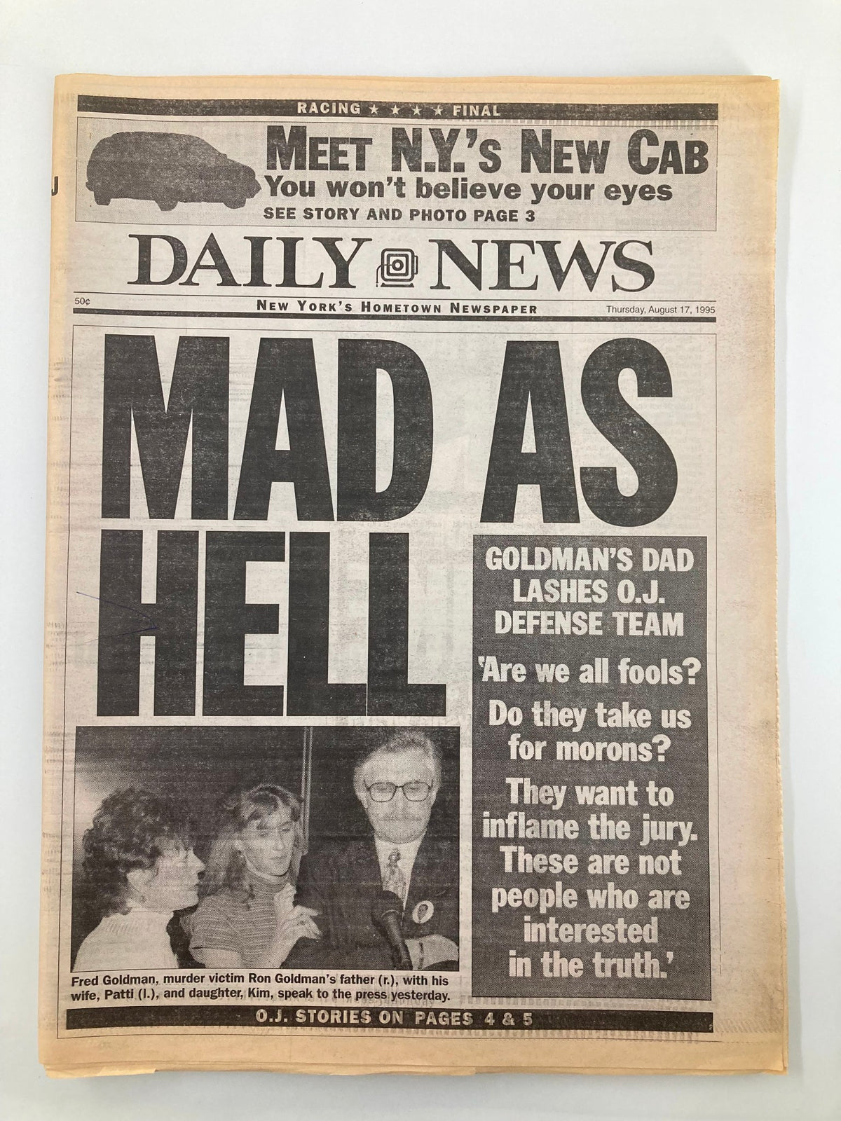Daily News Newspaper August 17 1995 featuring the headline 'MAD AS HELL' regarding Fred Goldman, father of murder victim Ron Goldman, speaking to the press.