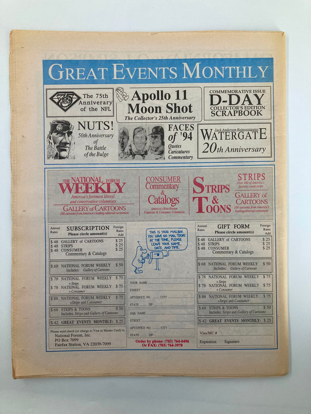 Back cover of Great Events Monthly, showcasing a page dedicated to various significant historical topics, celebrating anniversaries like the Apollo 11 Moon Shot and Watergate.