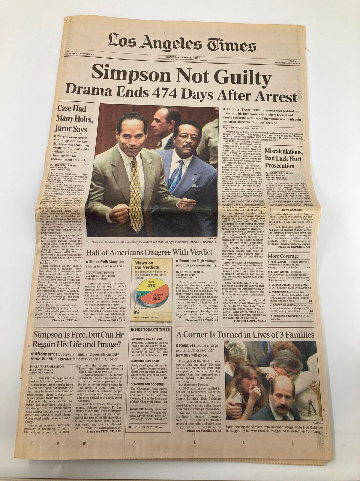 Front page of the Los Angeles Times Newspaper dated October 4, 1995, featuring the headline 'Simpson Not Guilty' along with a photograph of O.J. Simpson. This edition captures a pivotal moment in American legal history.