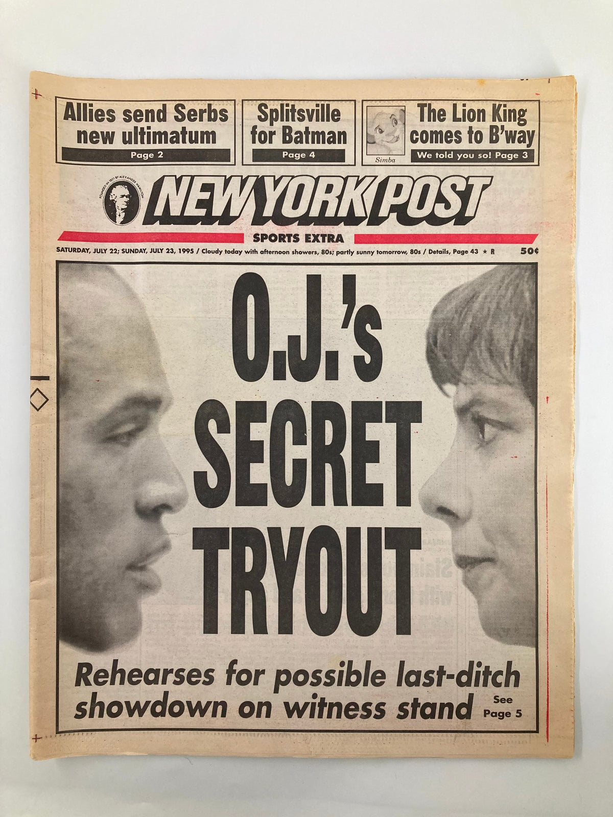 New York Post Newspaper July 23, 1995 featuring O.J. Simpson's secret tryout, highlighting significant sports and legal news with a bold headline and featured images of prominent figures.