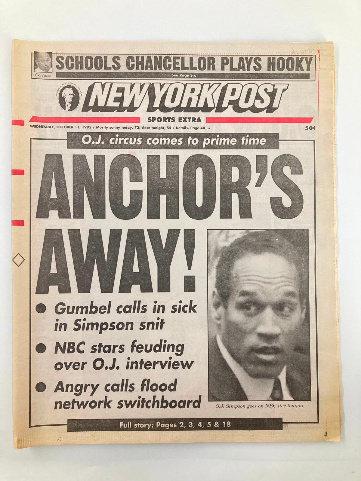 New York Post newspaper from October 11, 1995, featuring the headline 'ANCHOR'S AWAY!' with coverage on O.J. Simpson's NBC interview, alongside a photo of Simpson. This vintage sports publication captures key moments in journalism.
