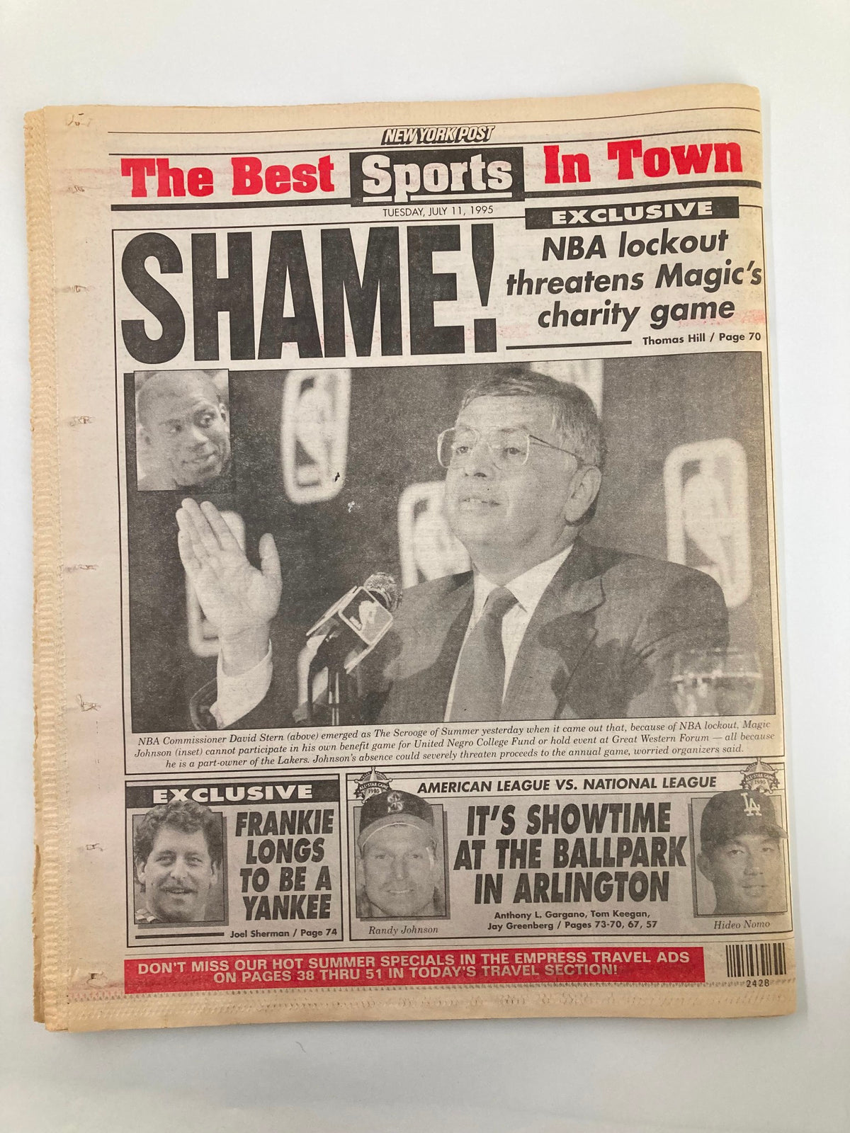 New York Post Newspaper July 11 1995 featuring the headline 'SHAME!' about NBA lockout threatening Magic's charity game. Includes images of NBA Commissioner David Stern and other players, showcasing significant sports news from the 1990s.