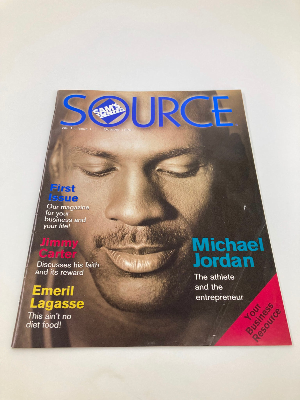 Cover of Sam's Club Source Magazine, October 1998, Volume 1, Issue #1 featuring Michael Jordan. The magazine highlights articles about business and culture, including interviews with notable figures like Jimmy Carter and Emeril Lagasse.