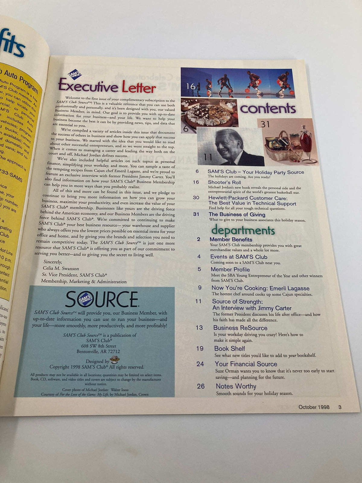Inside view of Sam's Club Source Magazine, October 1998, Vol 1 #1 featuring an Executive Letter and contents page, highlighting the inaugural issue with Michael Jordan on the cover.