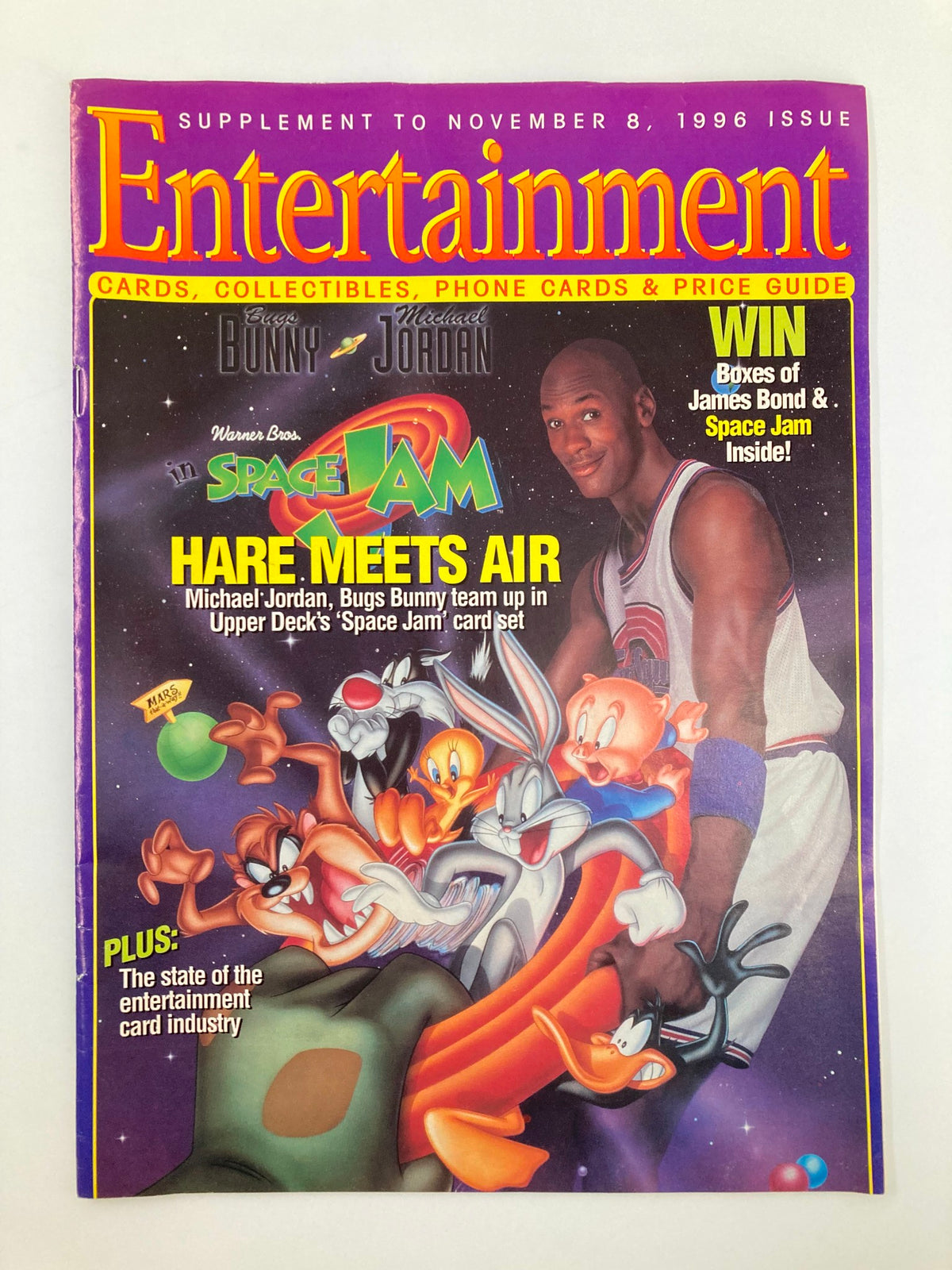 Cover of the Entertainment Cards Price Guide from November 8, 1996 featuring Michael Jordan and Bugs Bunny from Space Jam, showcasing colorful illustrations and highlighting the card industry's status.