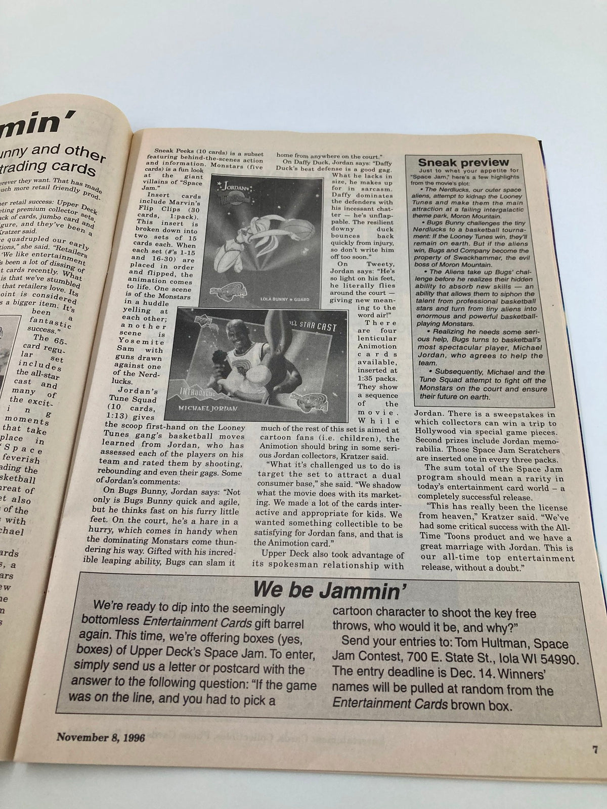 Entertainment Cards Price Guide November 8 1996 featuring a sneak preview of cards related to the 'Space Jam' movie, highlighting Michael Jordan and the popular characters from the animated film.