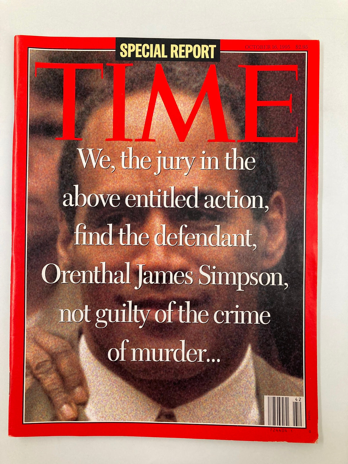 Cover of Time Magazine from October 16, 1995 featuring the iconic headline 'OJ Simpson Not Guilty' in a special report on the historic court case.