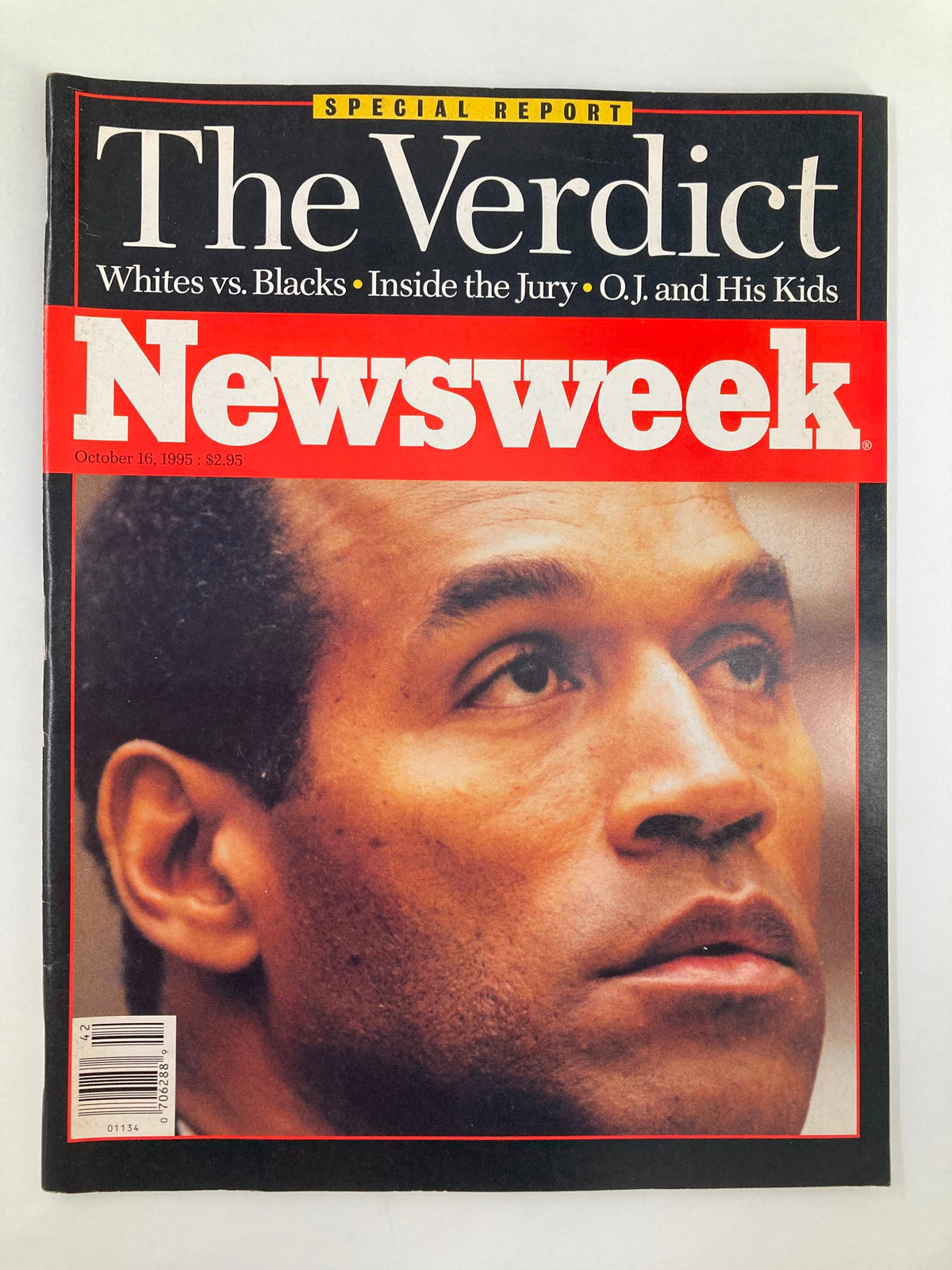 Cover of Newsweek Magazine from October 16, 1995, featuring a close-up of O.J. Simpson with the title 'The Verdict', discussing the trial's impact on race relations and insights from the jury.