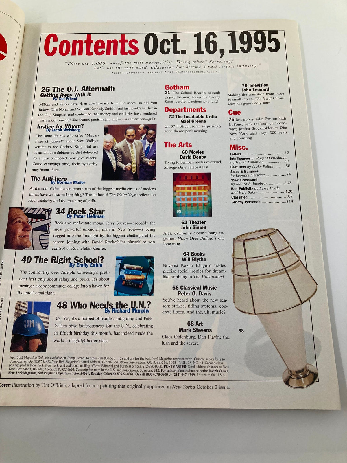 Table of contents for New York Magazine October 16 1995 featuring articles on topics like O.J. Simpson, Norman Mailer, and cultural commentary.
