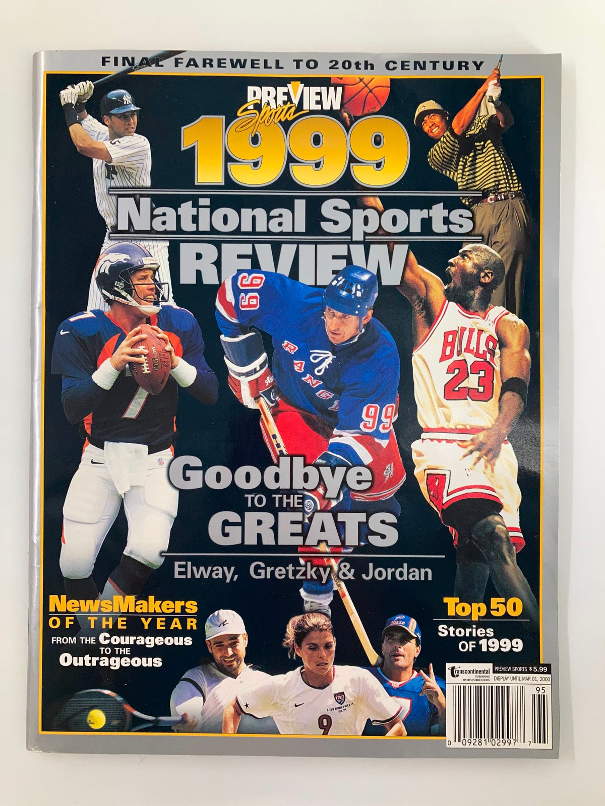 The National Sports Review 1999 cover featuring iconic athletes Michael Jordan, Wayne Gretzky, and John Elway, with the title 'Goodbye to the Greats' and highlights from the top stories of 1999.