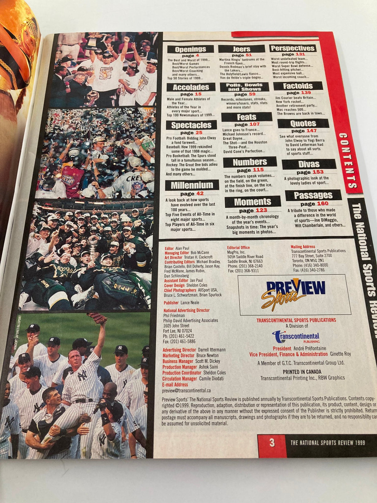 The National Sports Review 1999 contents page showcasing a list of features including accolades, perspectives, and top stories with various sports images.