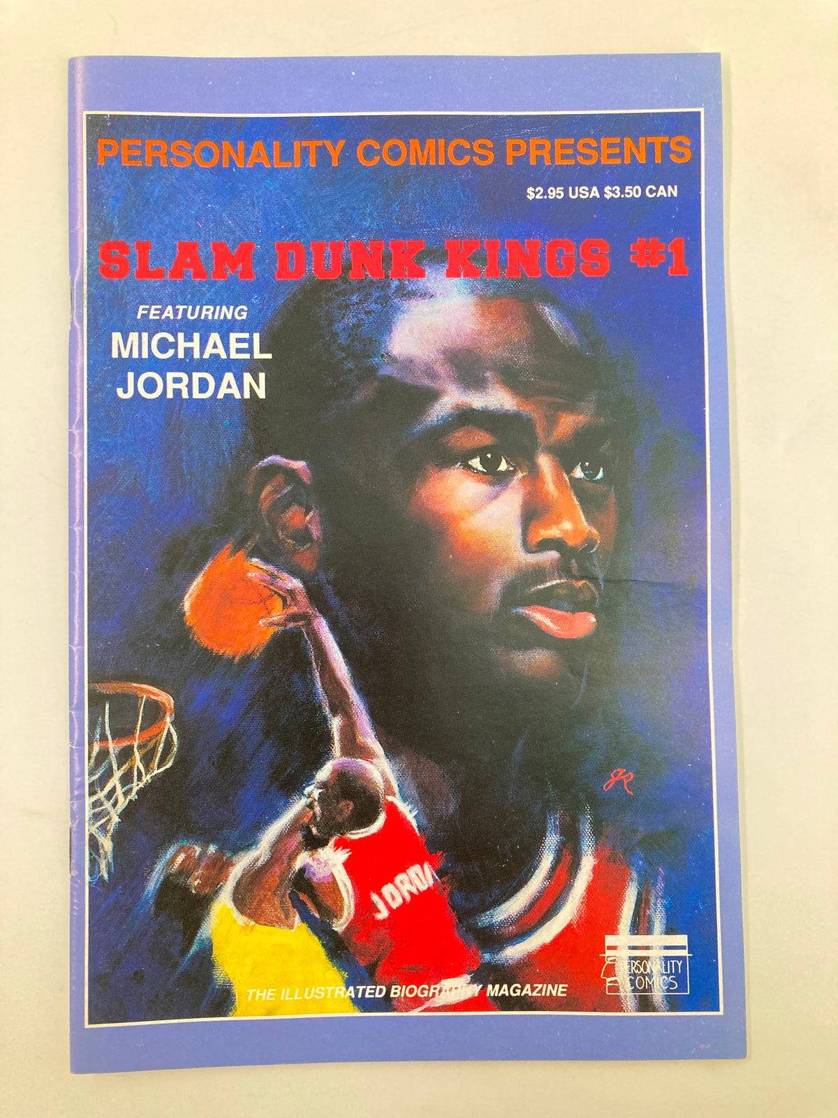 Personality Comics Presents March 1992 Slam Dunk King #1 featuring Michael Jordan cover illustration, showcasing Michael Jordan in action, preparing to dunk the basketball.