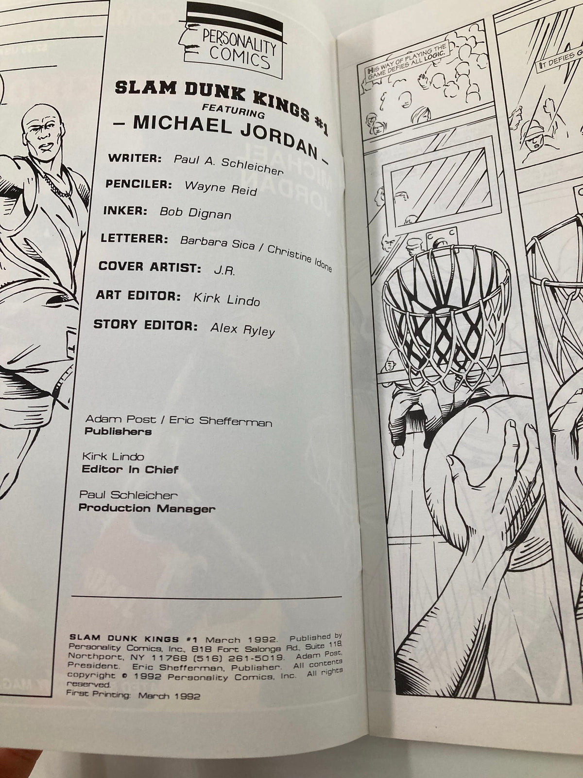 Interior page of Personality Comics Presents March 1992 Slam Dunk King #1 featuring Michael Jordan, listing the contributors and details of the publication.