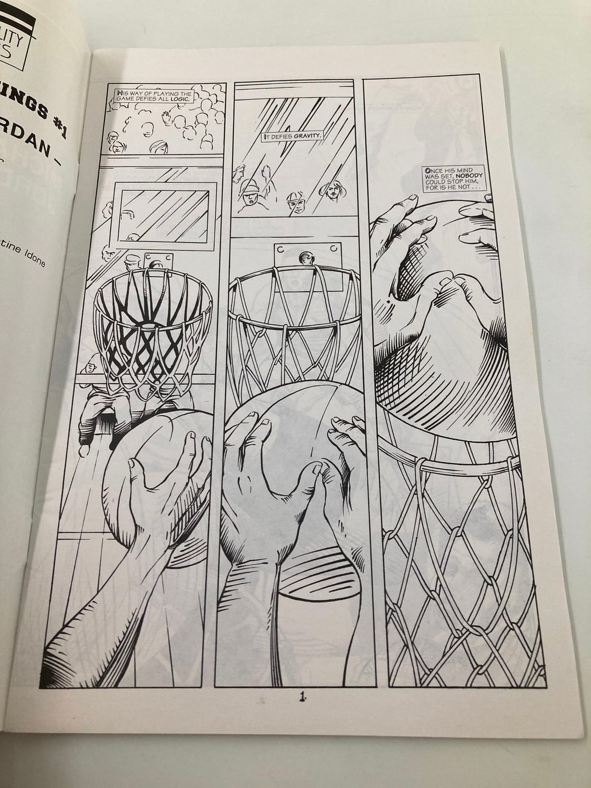 Black and white comic page from Personality Comics Presents March 1992 Slam Dunk King #1, illustrating a scene where Michael Jordan prepares to shoot a basketball.