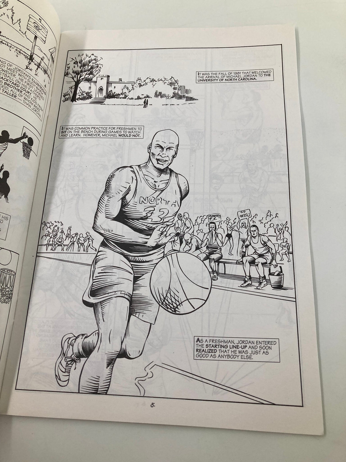 Another black and white interior page from Personality Comics Presents March 1992 Slam Dunk King #1, depicting a young Michael Jordan on the basketball court during his freshman year.