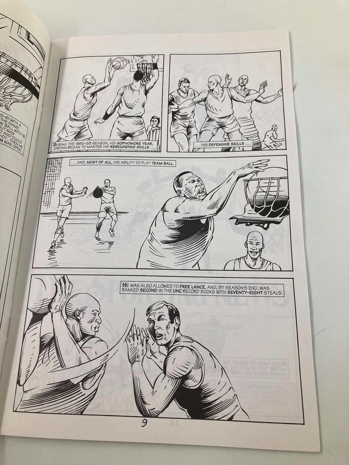 Illustration from Personality Comics Presents March 1992 Slam Dunk King #1 featuring Michael Jordan, showcasing basketball skills and teamwork.
