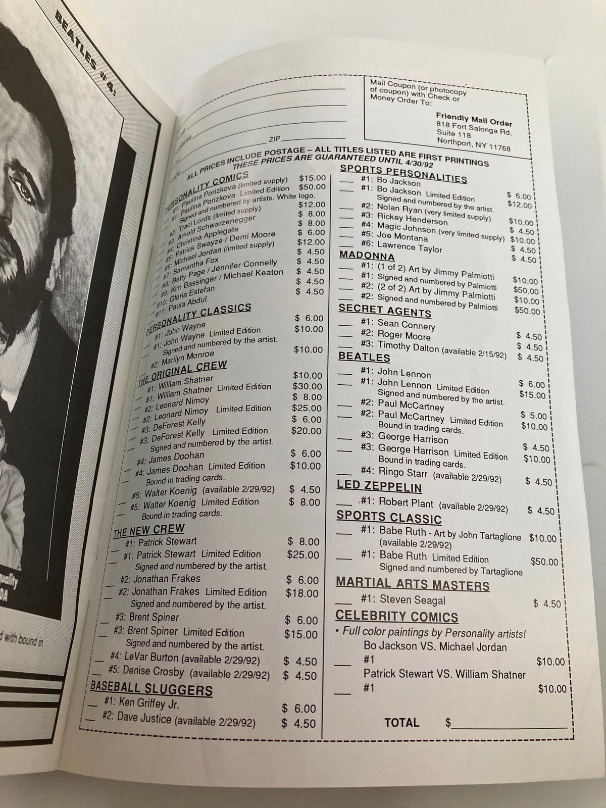 Page from Personality Comics Presents March 1992 Slam Dunk King #1, featuring a price list and details about the various comics available.