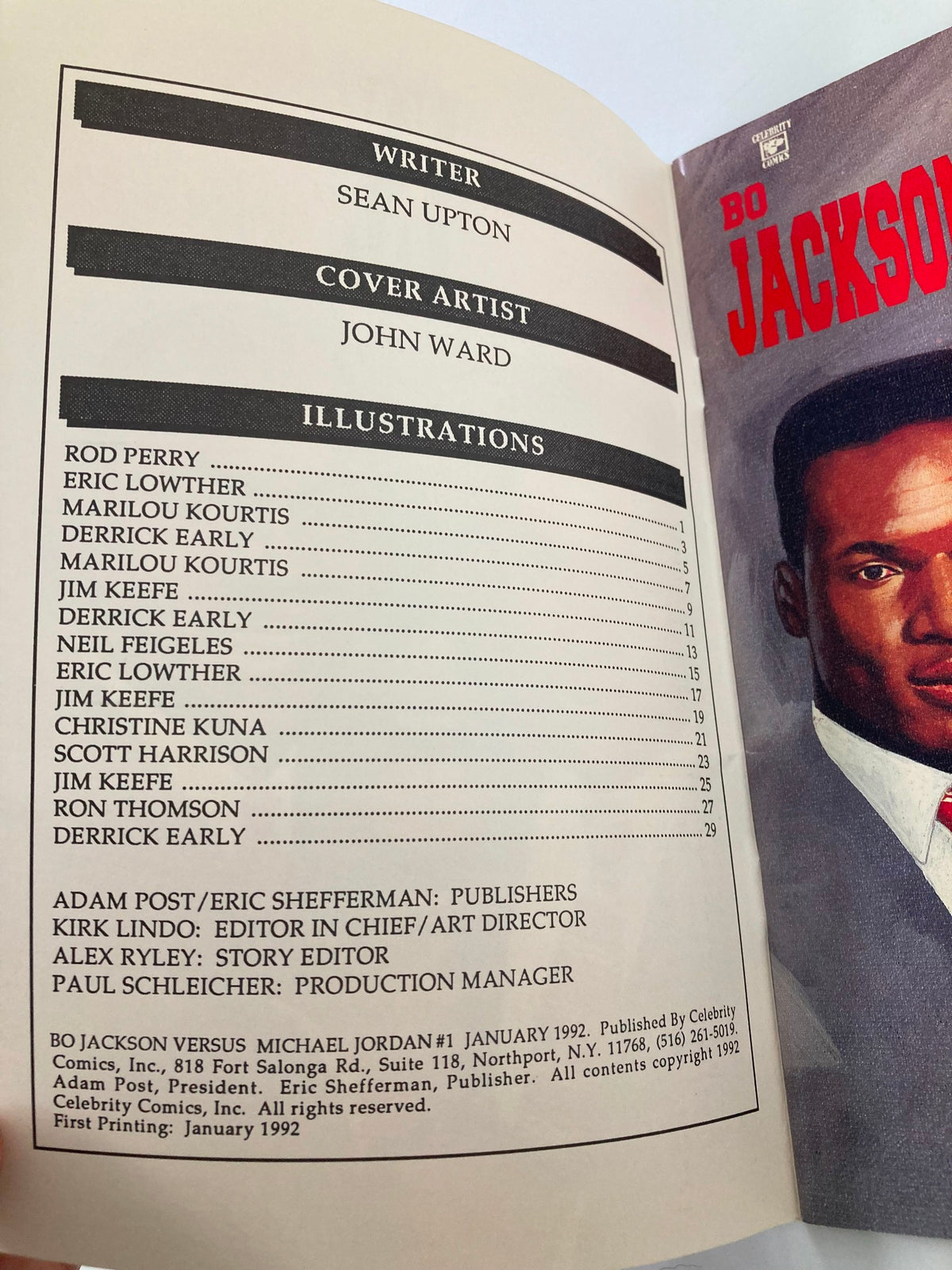 Credits page of the January 1992 Bo Jackson versus Michael Jordan #1 biography, listing the writer Sean Upton and cover artist John Ward, along with other contributors.
