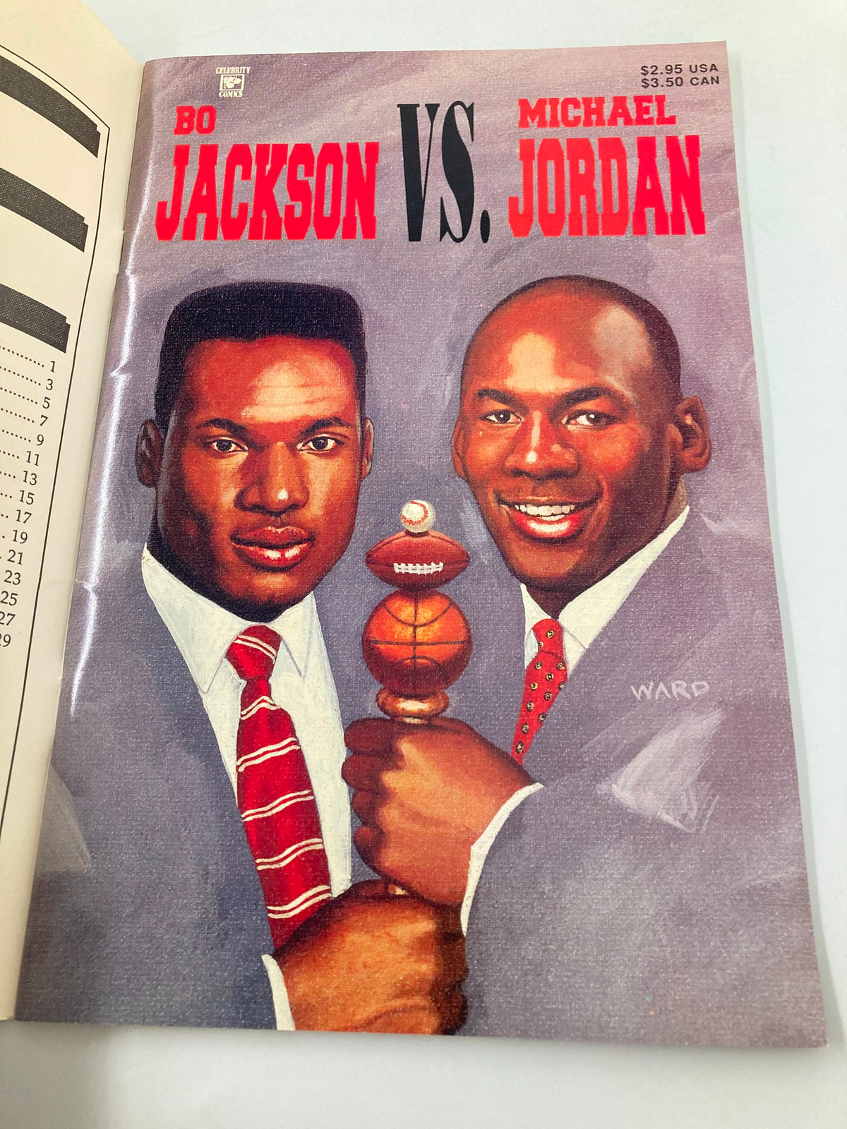 Interior cover of the January 1992 Bo Jackson versus Michael Jordan #1 biography, prominently displaying the title and illustrations of Bo Jackson and Michael Jordan.