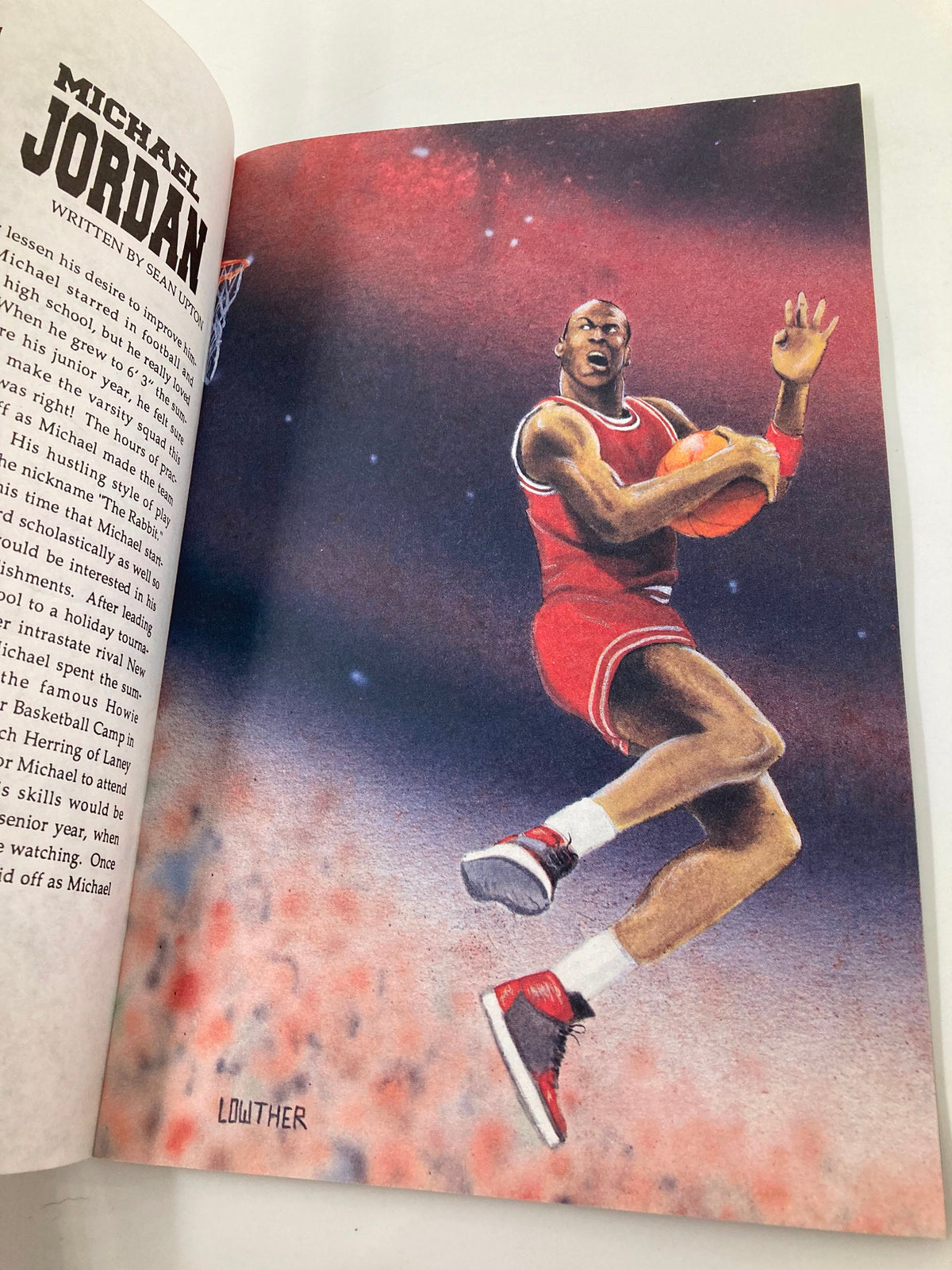 Illustration from the January 1992 Bo Jackson versus Michael Jordan #1 biography, showcasing Michael Jordan in action, dribbling a basketball.