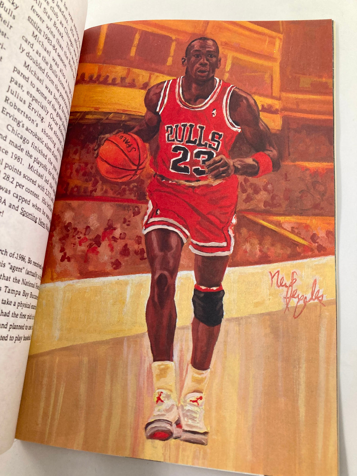Illustration from the January 1992 Bo Jackson versus Michael Jordan #1 biography, depicting Michael Jordan in a Chicago Bulls uniform, holding a basketball on the court.