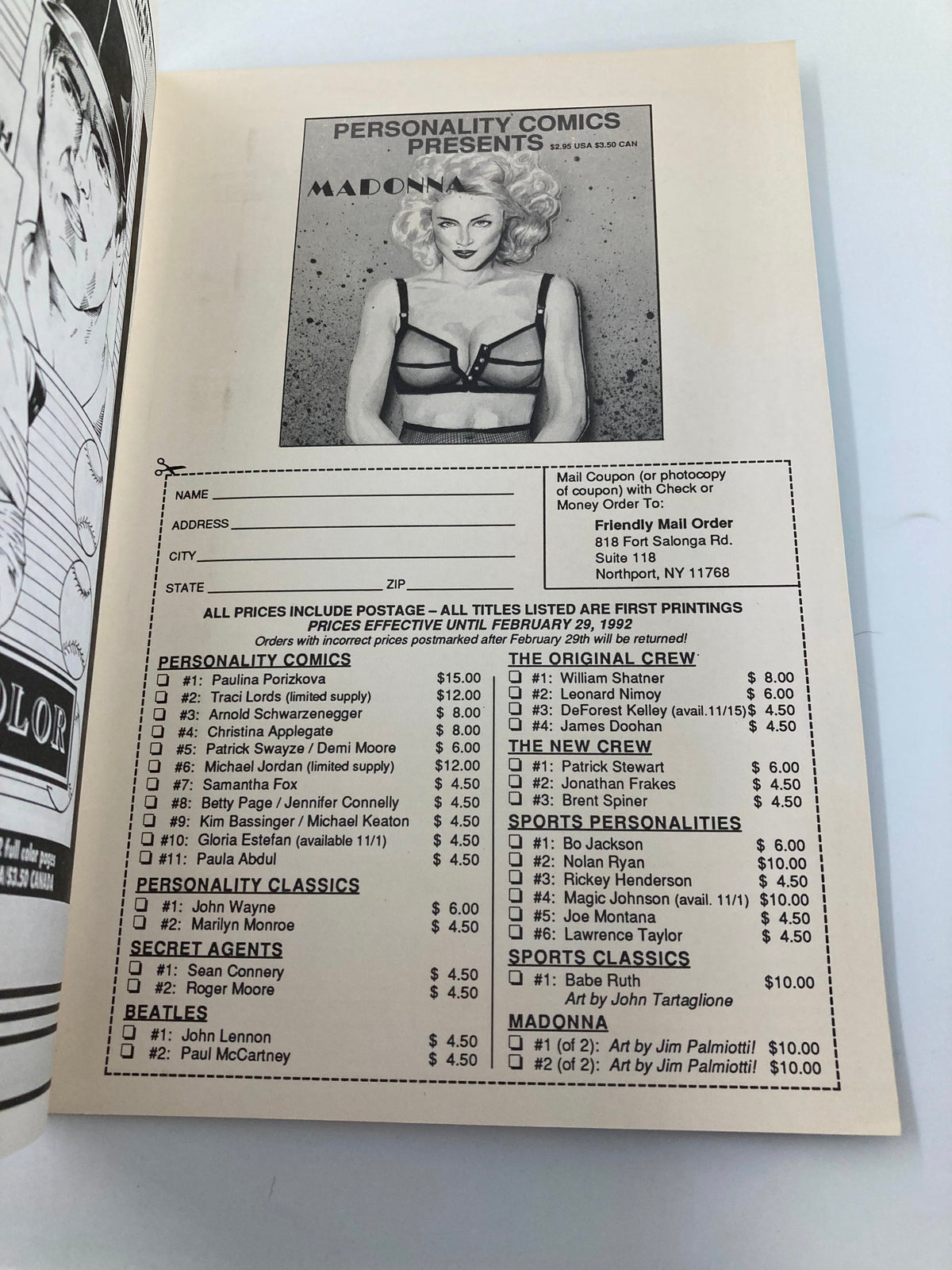 Advertisement page from Personality Comics showcasing various comic titles including personalities and celebrities, linked to the January 1992 Bo Jackson versus Michael Jordan #1 Illustration Biography VG.