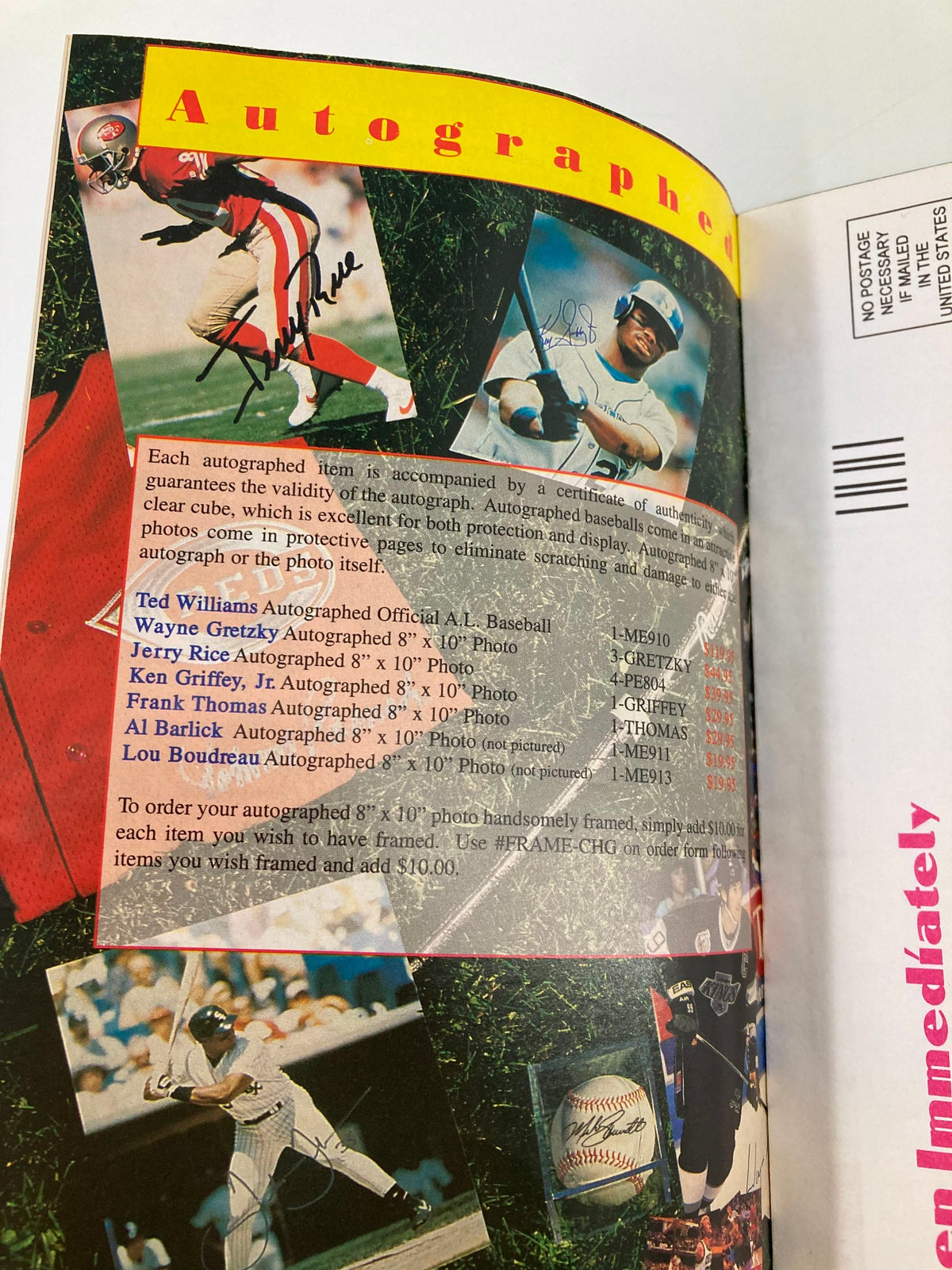 Autographed memorabilia section from the Spring Into Madness Michael Jordan Spring Liquidation Catalog, featuring signed items from sports legends including Ted Williams and Wayne Gretzky.