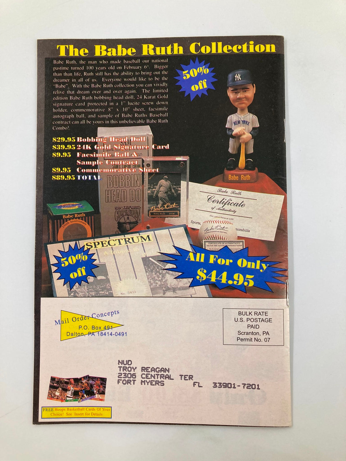 The Babe Ruth Collection advertisement showcasing collectible items featuring Babe Ruth, with a promotional offer featured in the Spring Into Madness Michael Jordan Spring Liquidation Catalog.