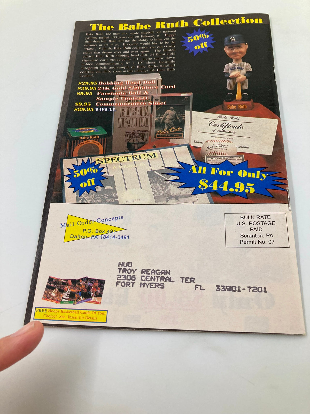 Another advertisement from The Babe Ruth Collection highlighting memorabilia alongside ordering details, included in the Spring Into Madness Michael Jordan Spring Liquidation Catalog.