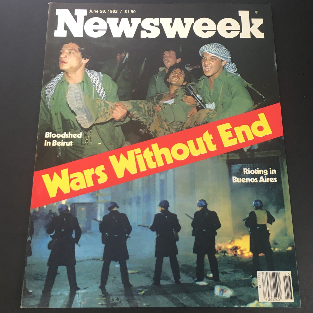 Cover of VTG Newsweek from June 28, 1982, featuring the headline 'Wars Without End'. The image depicts the aftermath of bloodshed in Beirut and rioting in Buenos Aires, showcasing soldiers and law enforcement amidst chaotic scenes.