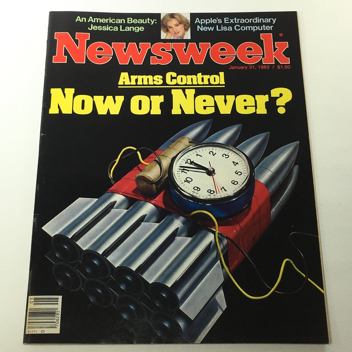Vintage Newsweek cover from January 31, 1983, featuring a bold illustration of a bomb with a clock. The headline reads 'Arms Control Now or Never?' with a mention of actress Jessica Lange and Apple's new Lisa computer.