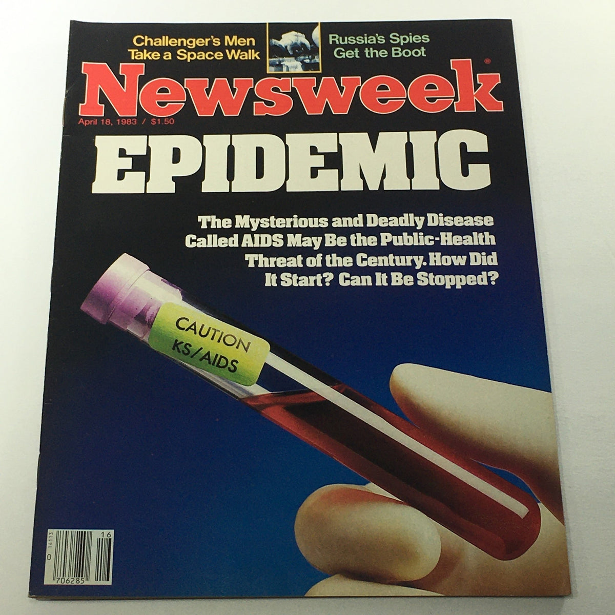 Vintage Newsweek cover from April 18, 1983, featuring the title 'Aids Epidemic' with a focus on a test tube labeled 'CAUTION KS/AIDS'. The issue discusses the public health threat of AIDS and includes topics like Russia's spies and the Challenger space walk.