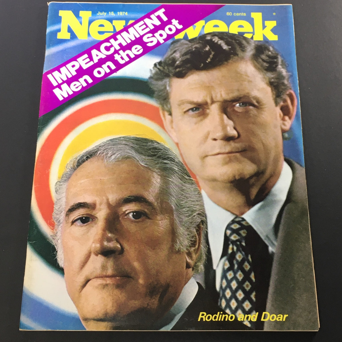 VTG Newsweek Magazine July 15 1974 featuring the cover story 'Impeachment: Men on the Spot' focusing on key figures Peter W. Rodino and John Doar, highlighting their role in American political history.
