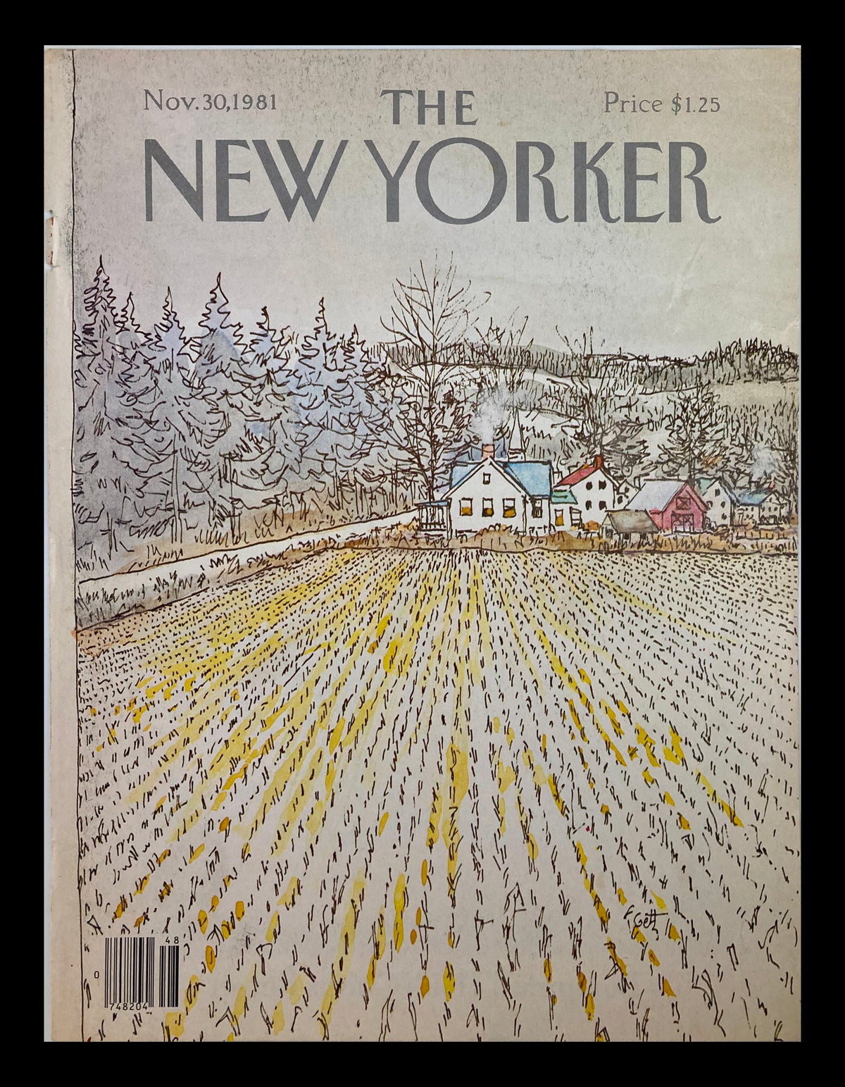 Cover of The New Yorker dated November 30, 1981, featuring Rice Fields illustration by Arthur Getz, showcasing a serene landscape with fields and houses.