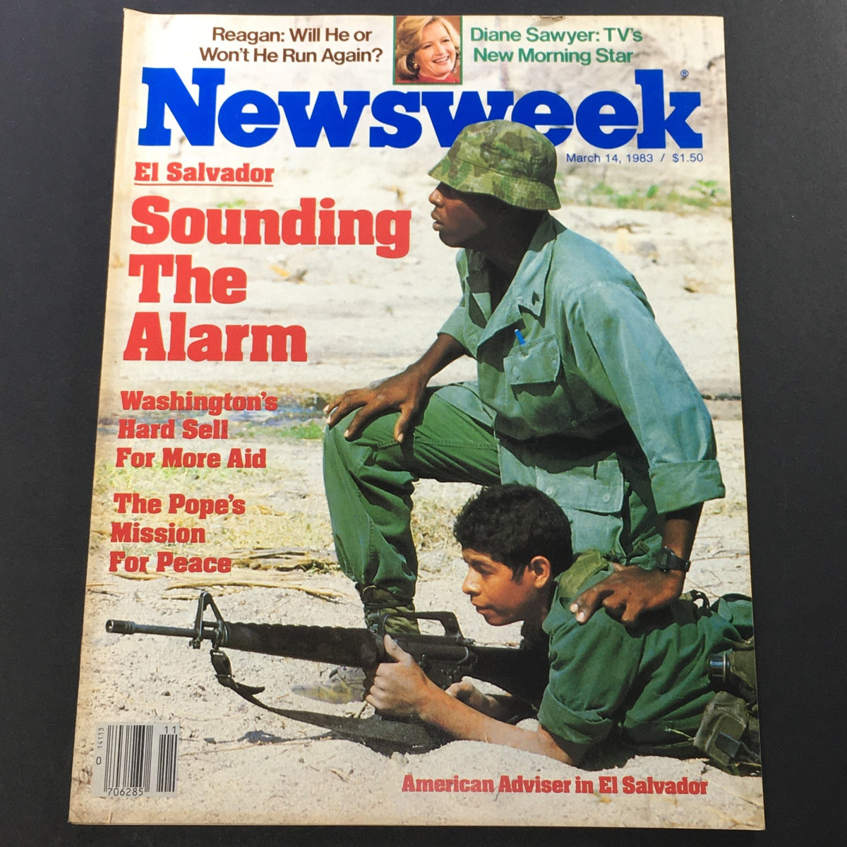 VTG Newsweek Magazine from March 14, 1983, featuring a cover story titled 'Sounding The Alarm' about El Salvador, with imagery of soldiers, and mentions of Ronald Reagan and Diane Sawyer.
