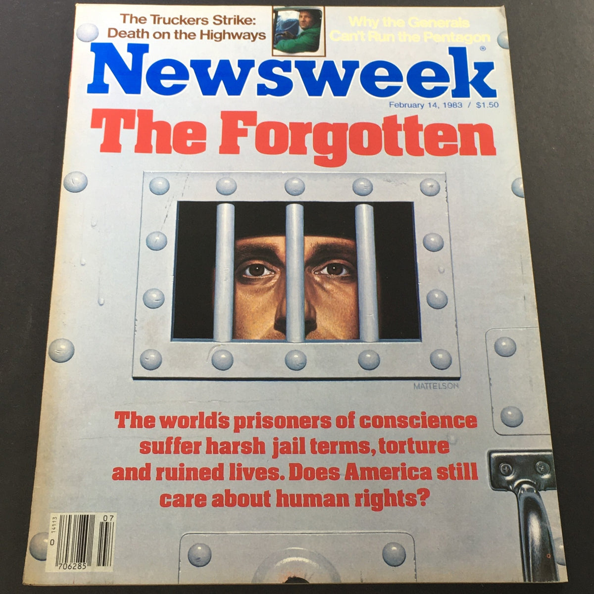 Cover of VTG Newsweek Magazine February 14 1983 featuring the title 'The Forgotten' and an illustration of a man behind bars, highlighting themes of human rights and the impact of the truckers' strike.