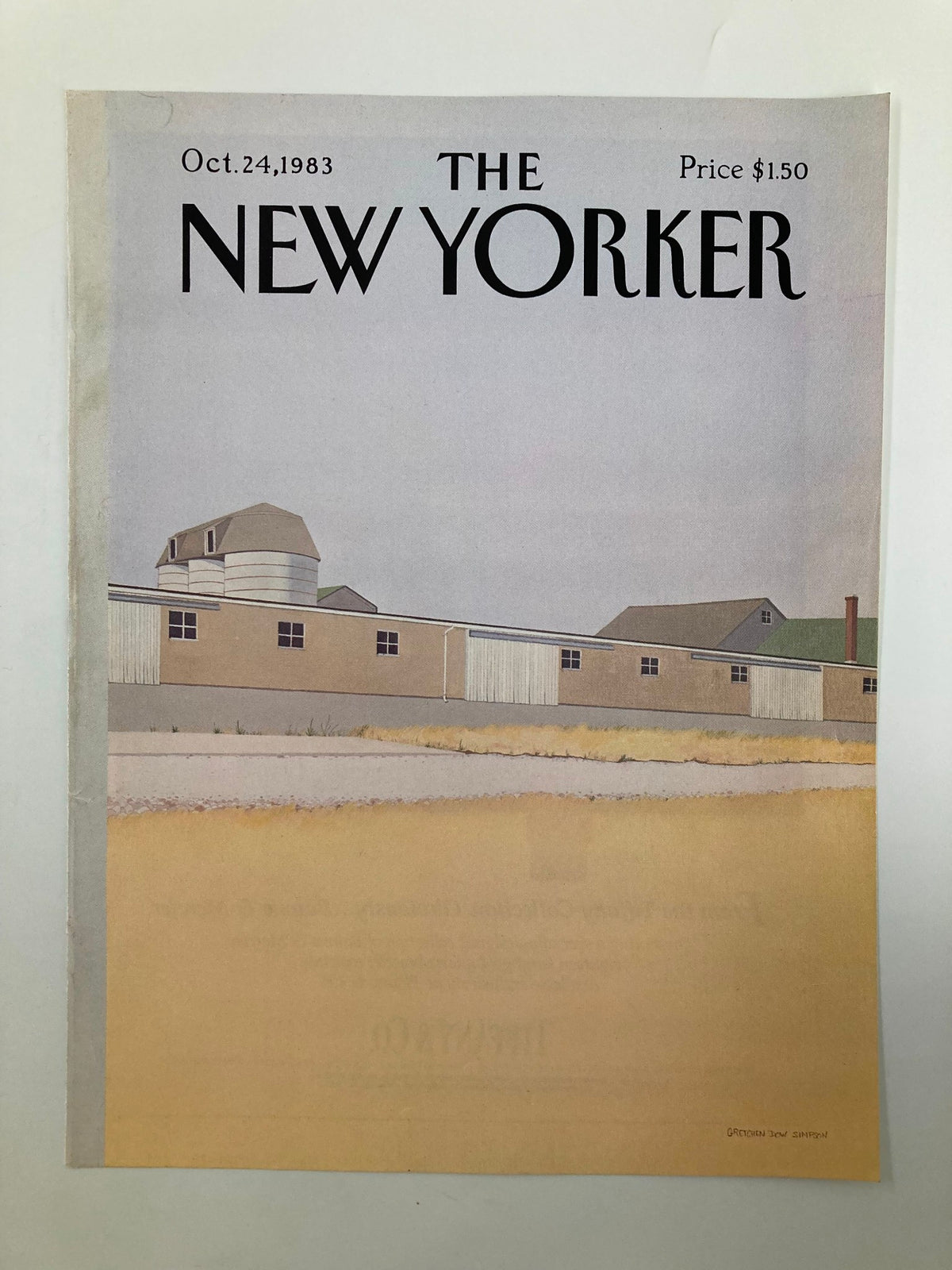 Vintage cover of The New Yorker from October 24, 1983 depicting grain silos, illustrated by Gretchen Dow Simpson.