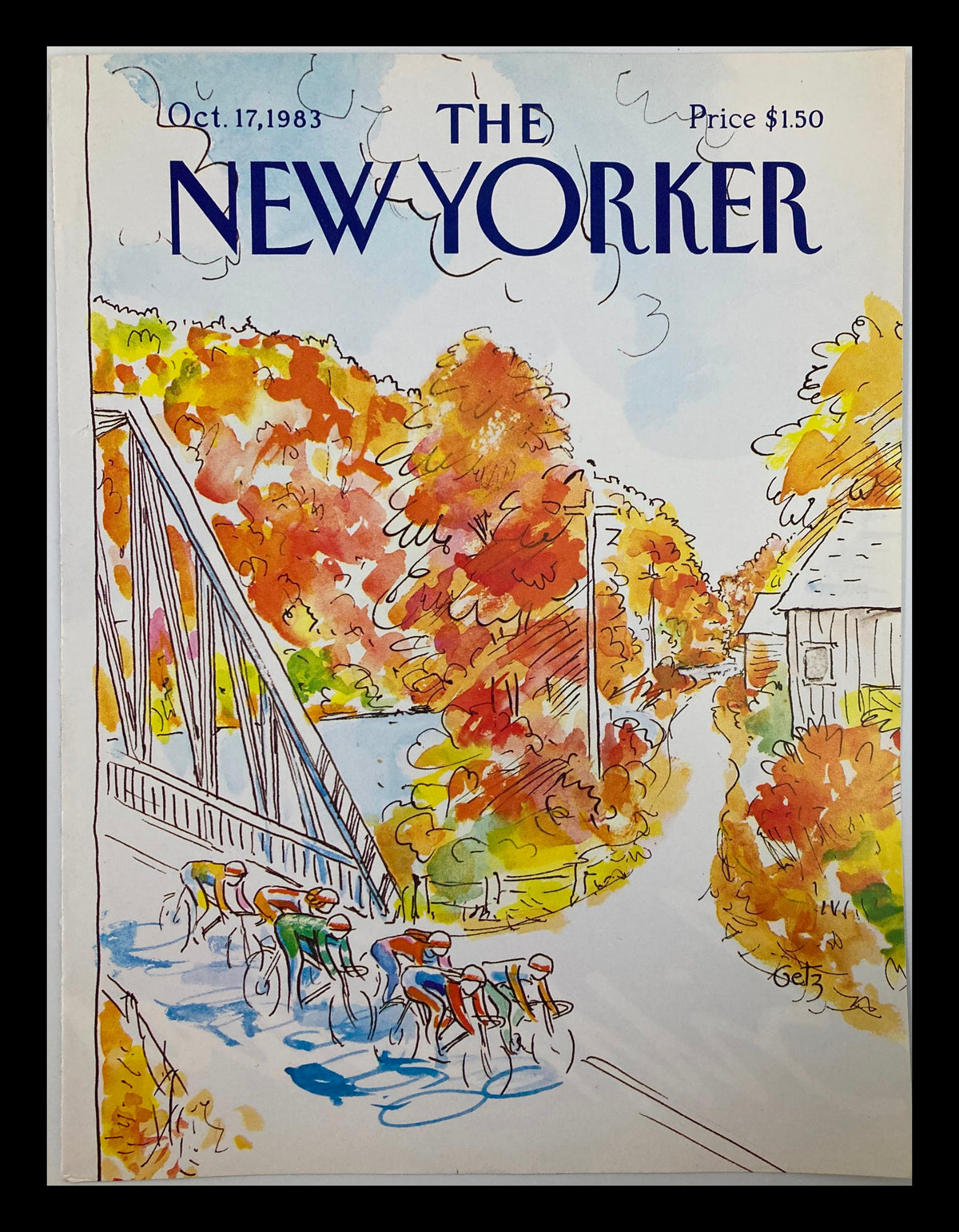Cover of The New Yorker dated October 17, 1983, featuring the illustration titled 'Cyclist in the Park' by Arthur Getz, showcasing vibrant fall foliage and cyclists near a bridge.